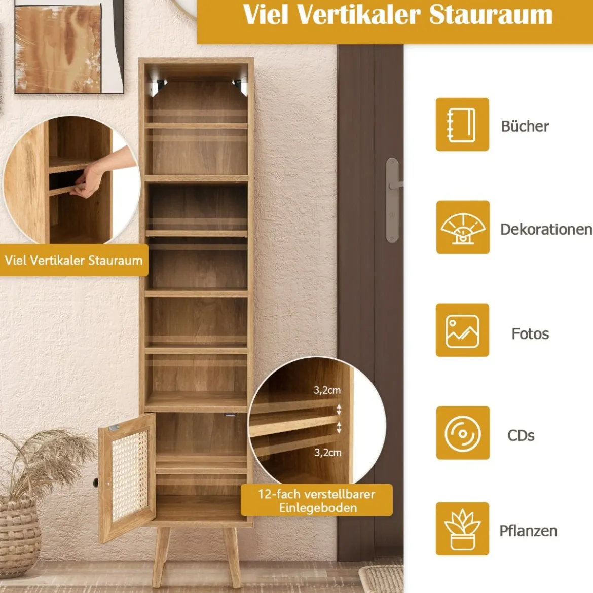 Hochschrank Rattan Bücherregal mit 4 Ablagen und Rattantür Kommode Boho Style