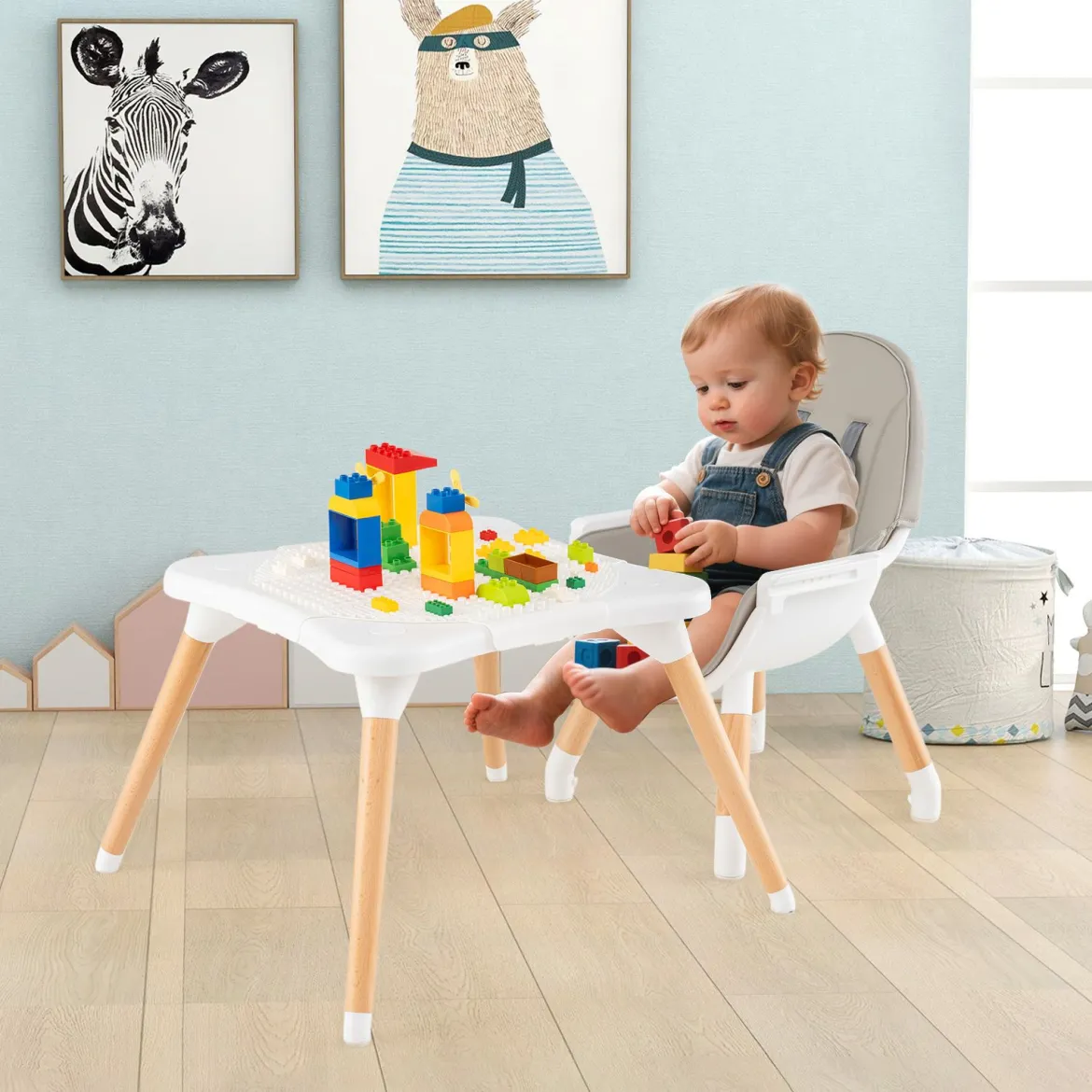 Hochstuhl für Babys & Kleinkinder 6-in-1 Convertible Tisch Stuhl Set mit Bausteintisch Grau
