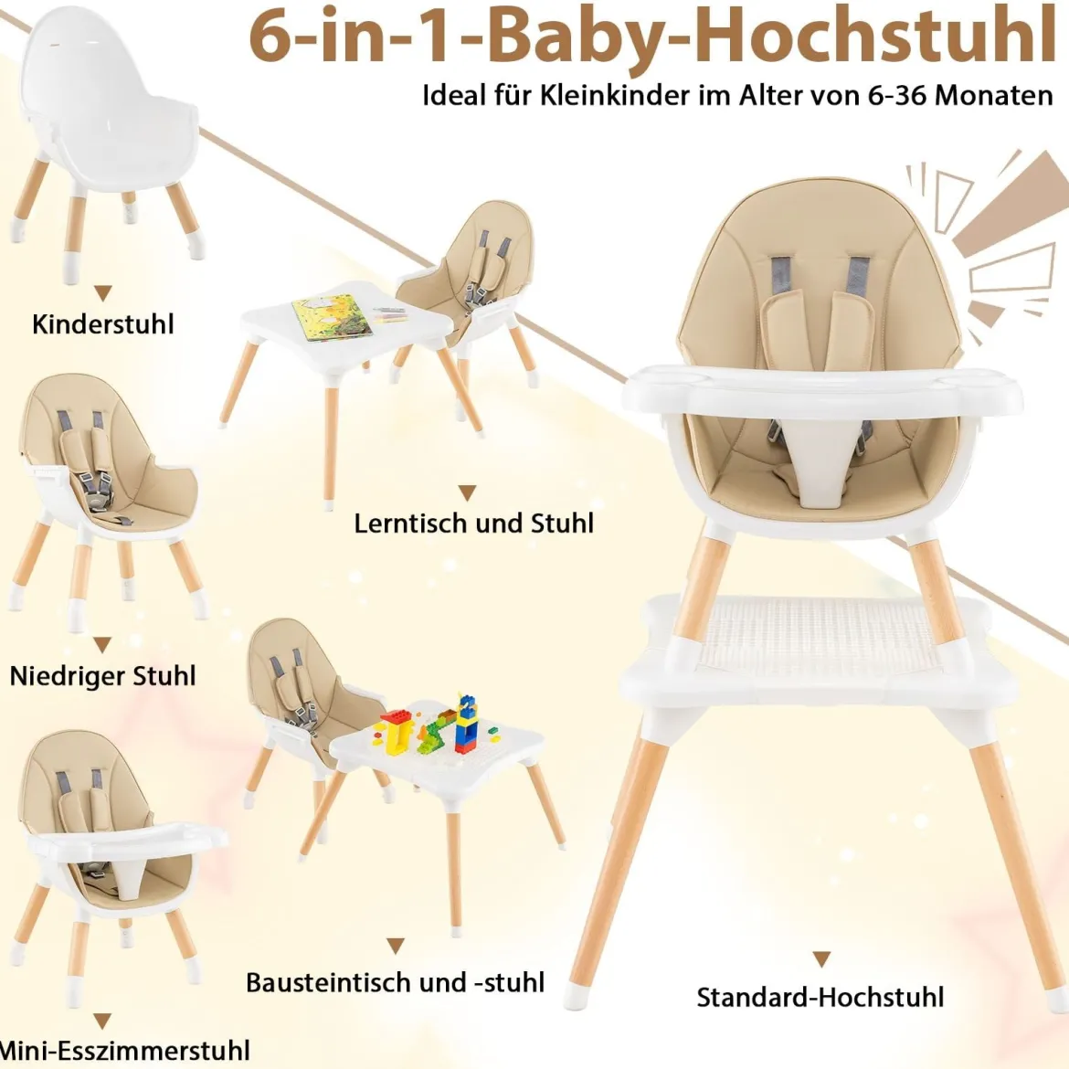 Hochstuhl für Babys & Kleinkinder 6-in-1 Convertible Tisch Stuhl Set mit Bausteintisch Beige