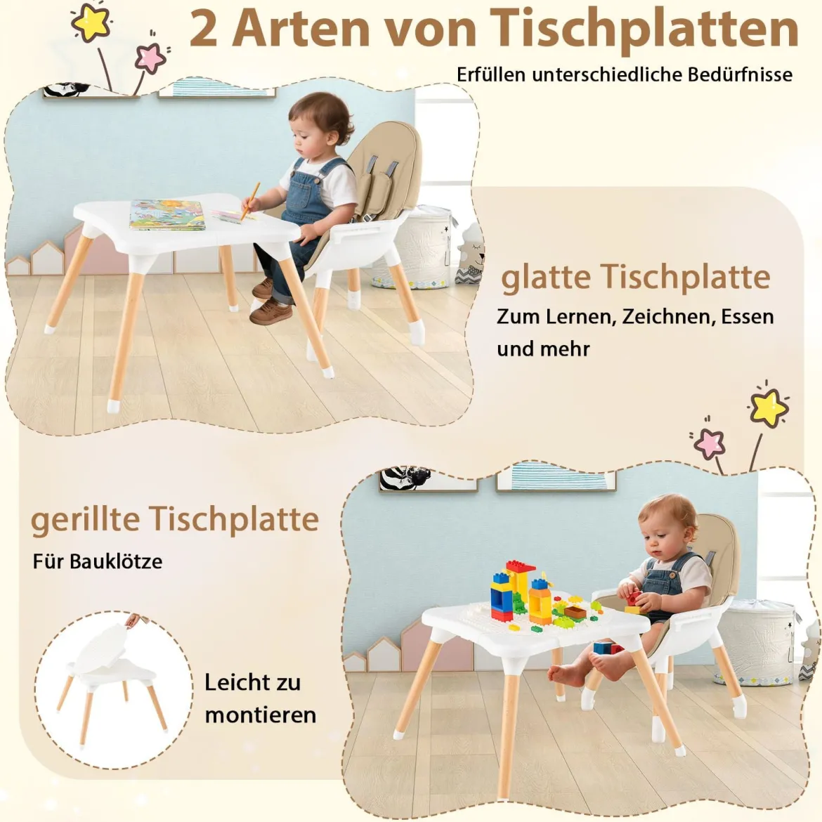 Hochstuhl für Babys & Kleinkinder 6-in-1 Convertible Tisch Stuhl Set mit Bausteintisch Beige