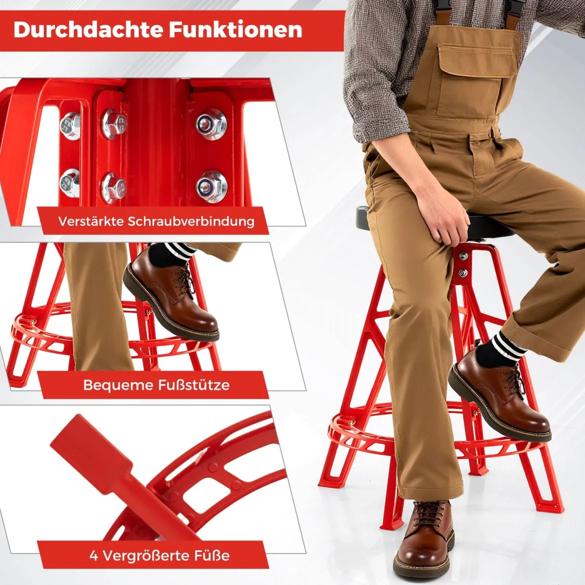 Hochstuhl für Mechaniker Schwerlast-Aluminium-Garagenbarstuhl mit 360° schwenkbarem Sitz Rot