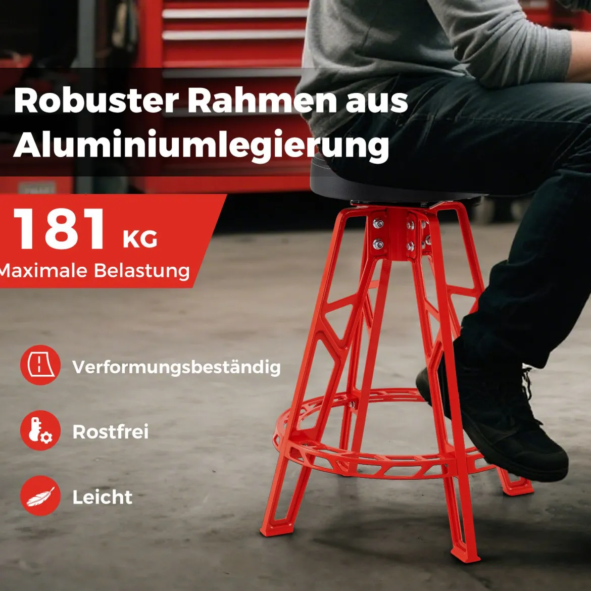 Hochstuhl für Mechaniker Schwerlast-Aluminium-Garagenbarstuhl mit 360° schwenkbarem Sitz Rot