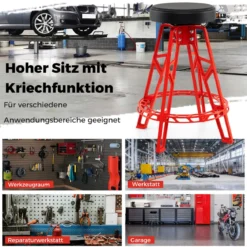 Hochstuhl für Mechaniker Schwerlast-Aluminium-Garagenbarstuhl mit 360° schwenkbarem Sitz Rot
