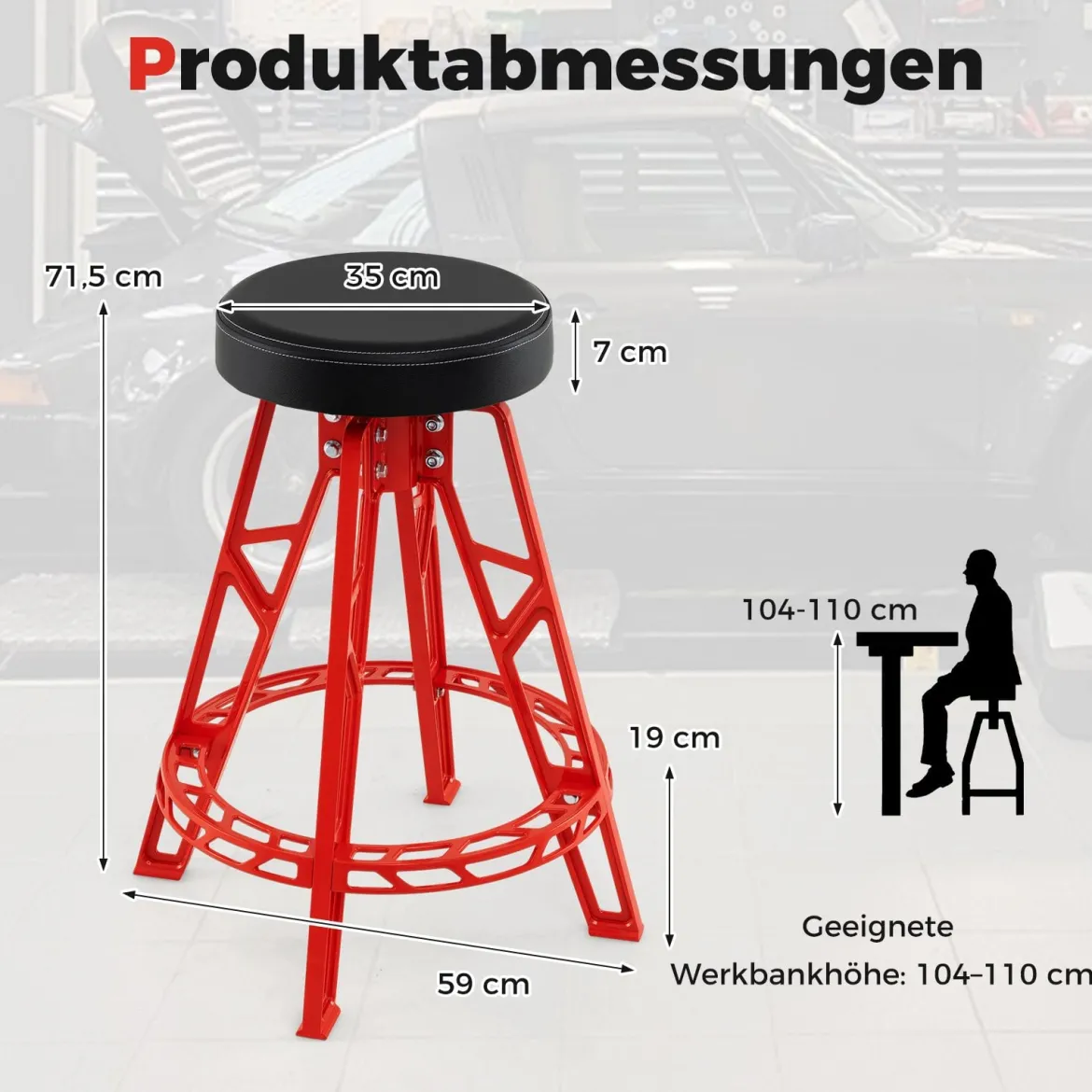 Hochstuhl für Mechaniker Schwerlast-Aluminium-Garagenbarstuhl mit 360° schwenkbarem Sitz Rot