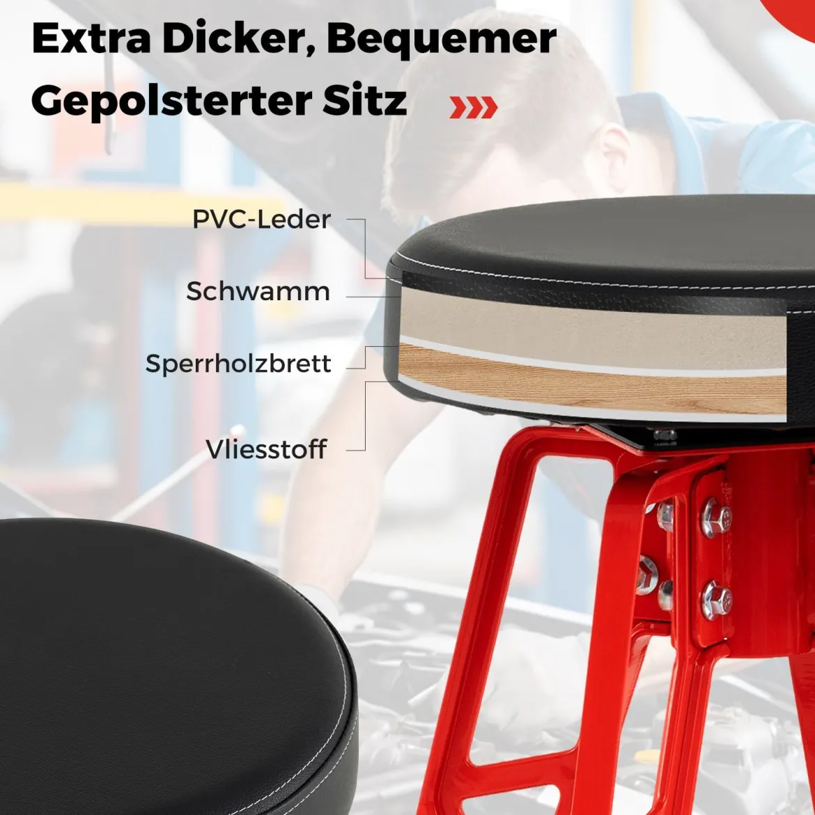 Hochstuhl für Mechaniker Schwerlast-Aluminium-Garagenbarstuhl mit 360° schwenkbarem Sitz Rot
