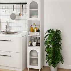 Hoher Badezimmerschrank schmaler Heimorganisator mit zwei geriffelten Glastüren freistehender schmaler Schrank Weiß