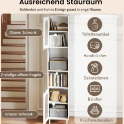Hoher Badezimmerschrank schmaler Heimorganisator mit zwei geriffelten Glastüren freistehender schmaler Schrank Weiß