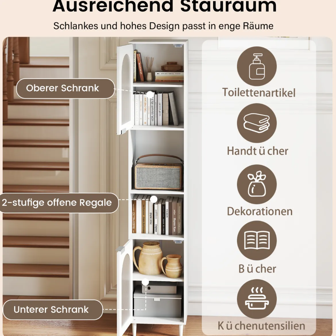 Hoher Badezimmerschrank schmaler Heimorganisator mit zwei geriffelten Glastüren freistehender schmaler Schrank Weiß