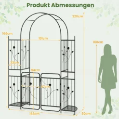 Hoher Gartenbogen mit Tor & Pflanzregalen Kletterspalier Metallbogen für Kletterpflanzen Schwarz
