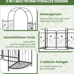 Hoher Gartenbogen mit Tor & Pflanzregalen Kletterspalier Metallbogen für Kletterpflanzen Schwarz