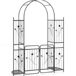 Hoher Gartenbogen mit Tor & Pflanzregalen Kletterspalier Metallbogen für Kletterpflanzen Schwarz