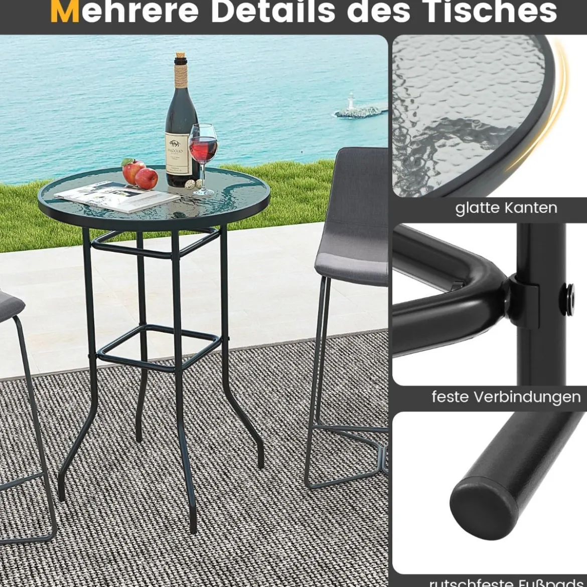 Hoher Gartentisch Stehtisch runder Bistrotisch mit Tischplatte aus gehärtetem Glas 68 x 68 x 97 cm Schwarz