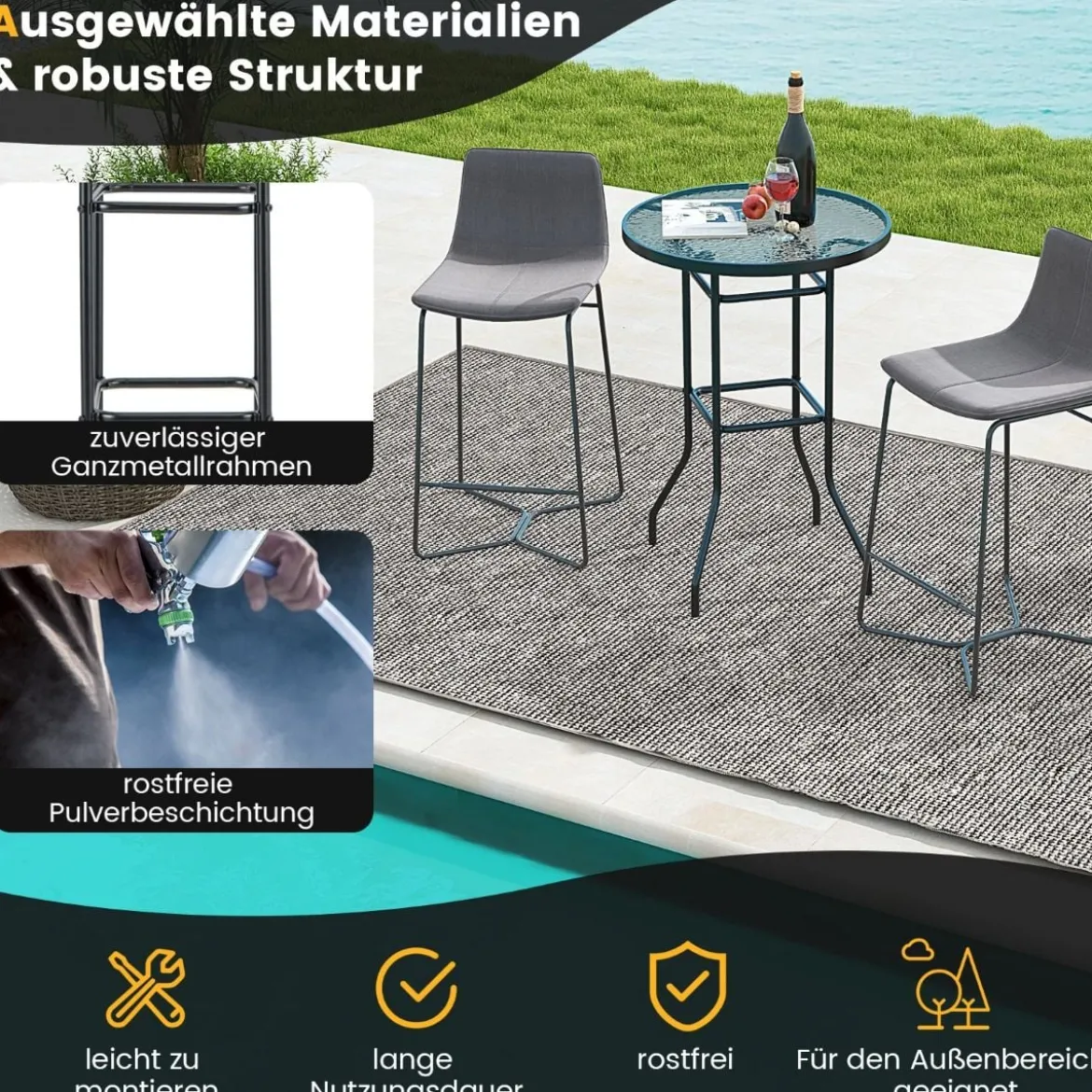 Hoher Gartentisch Stehtisch runder Bistrotisch mit Tischplatte aus gehärtetem Glas 68 x 68 x 97 cm Schwarz