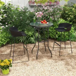 Hoher Gartentisch Stehtisch runder Bistrotisch mit Tischplatte aus gehärtetem Glas 68 x 68 x 97 cm Schwarz