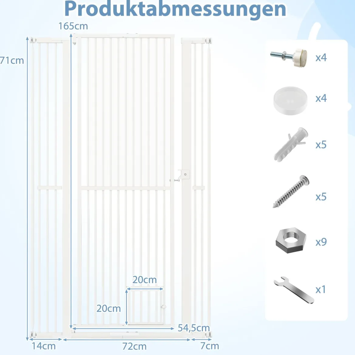 Hohe Tierbarriere Metall-Sicherheitsgitter mit 2 Erweiterungssätze Ohne Bohren 77-104 cm x 171 cm Weiß