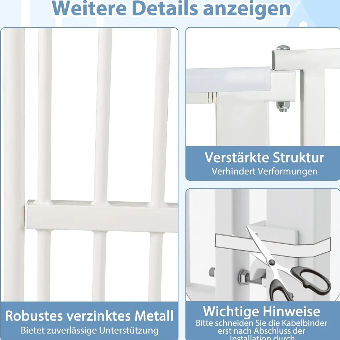 Hohe Tierbarriere Metall-Sicherheitsgitter mit 2 Erweiterungssätze Ohne Bohren 77-104 cm x 171 cm Weiß