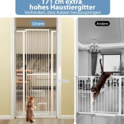 Hohe Tierbarriere Metall-Sicherheitsgitter mit 2 Erweiterungssätze Ohne Bohren 77-104 cm x 171 cm Weiß