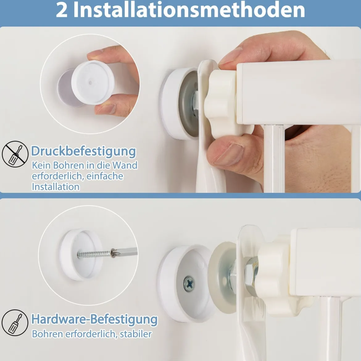 Hohe Tierbarriere Metall-Sicherheitsgitter mit 2 Erweiterungssätze 77-104 cm x 150 cm Ohne Bohren Weiß