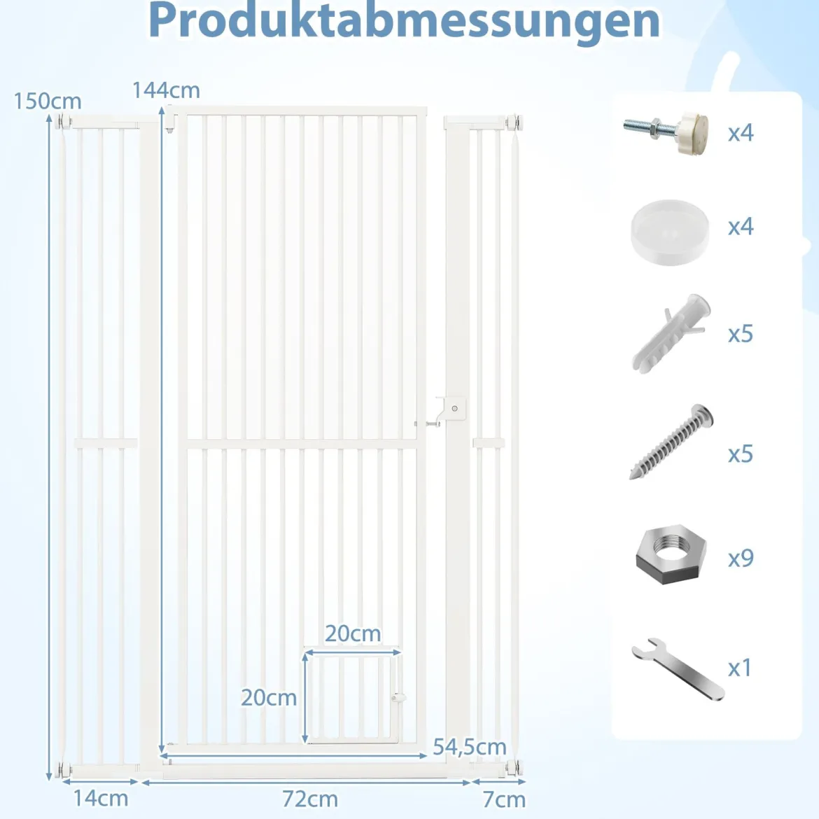 Hohe Tierbarriere Metall-Sicherheitsgitter mit 2 Erweiterungssätze 77-104 cm x 150 cm Ohne Bohren Weiß
