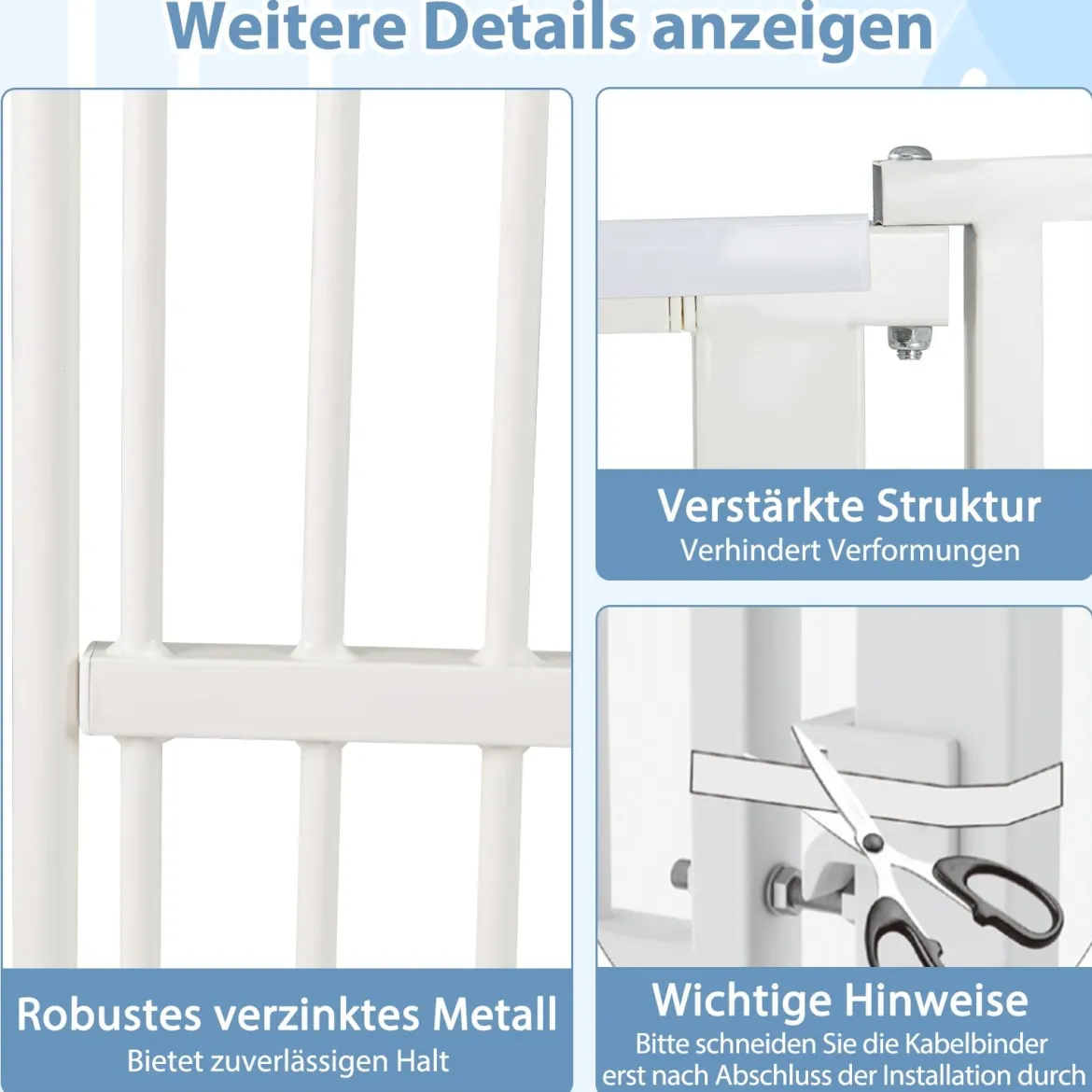 Hohe Tierbarriere Metall-Sicherheitsgitter mit 2 Erweiterungssätze 77-104 cm x 150 cm Ohne Bohren Weiß