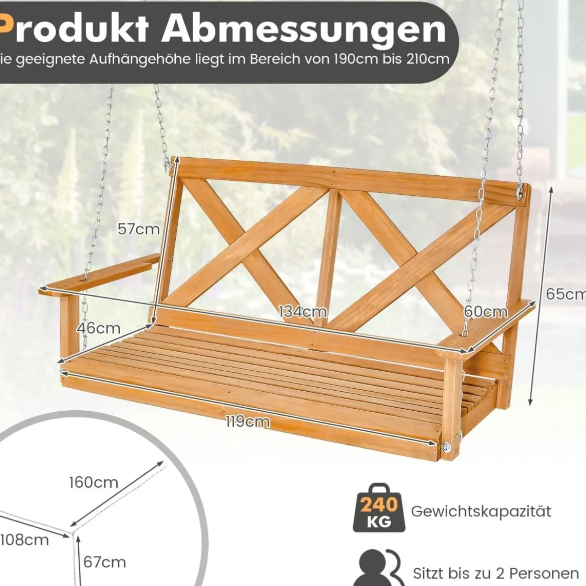 Hollywoodschaukel für 2 Personen mit verstellbaren Ketten belastbar bis zu 240 kg 134 cm Natur