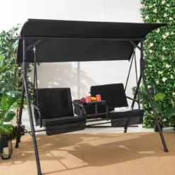 Hollywoodschaukel mit Kühltasche drehbarem Tablett und abnehmbaren Kissen Schwarz 180 x 124 x 161,5 cm