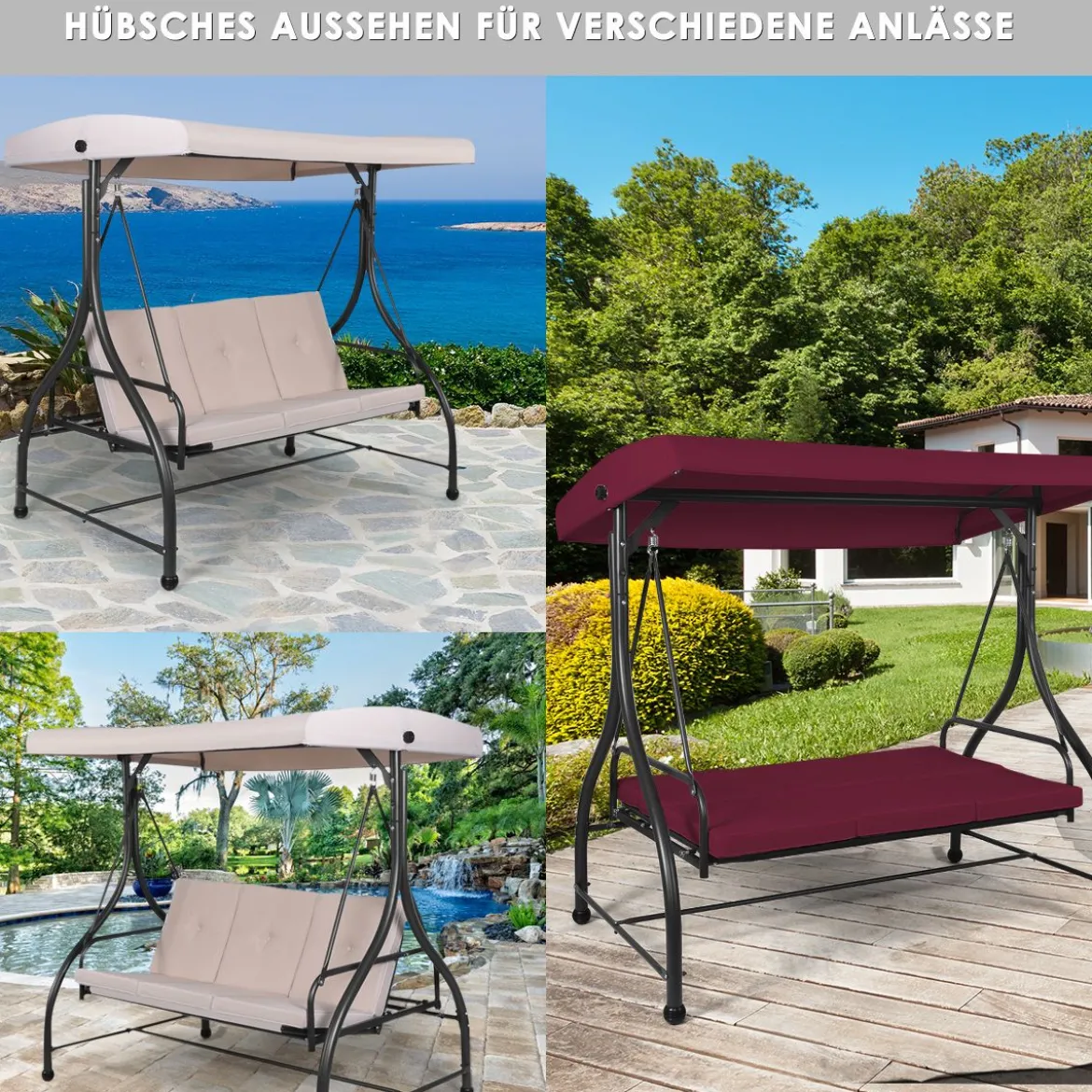 Hollywoodschaukel mit Liegefunktion 3-Sitzer Gartenschaukel 183 x 112 x 178 cm Beige
