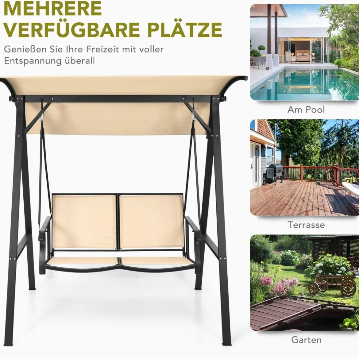 Hollywoodschaukel mit verstellbarem Dach 2-Sitzer Gartenschaukel 152 x 112 x 165 cm Beige