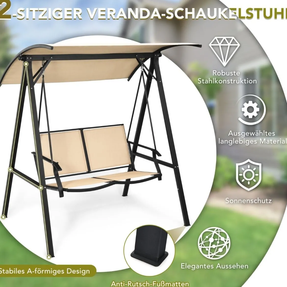Hollywoodschaukel mit verstellbarem Dach 2-Sitzer Gartenschaukel 152 x 112 x 165 cm Beige