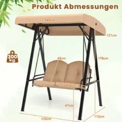 Hollywoodschaukel 2-Sitzer Gartenschaukel mit Sonnendach & Metallgestell Outdoor-Schaukel bis 300kg Belastbar Beige