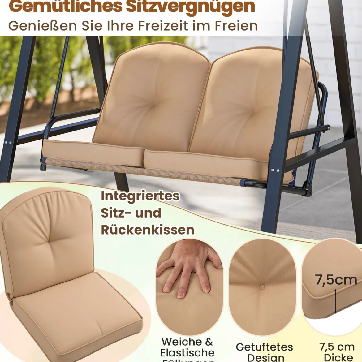 Hollywoodschaukel 2-Sitzer Gartenschaukel mit Sonnendach & Metallgestell Outdoor-Schaukel bis 300kg Belastbar Beige