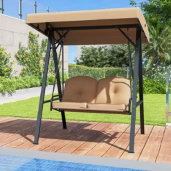 Hollywoodschaukel 2-Sitzer Gartenschaukel mit Sonnendach & Metallgestell Outdoor-Schaukel bis 300kg Belastbar Beige