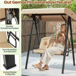 Hollywoodschaukel 2-Sitzer Gartenschaukel mit Sonnendach & Metallgestell Outdoor-Schaukel bis 300kg Belastbar Beige