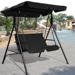 Hollywoodschaukel 2-Sitzer Gartenschaukel Gartenliege mit Sonnendach Schwarz 110 x 140 x 153 cm
