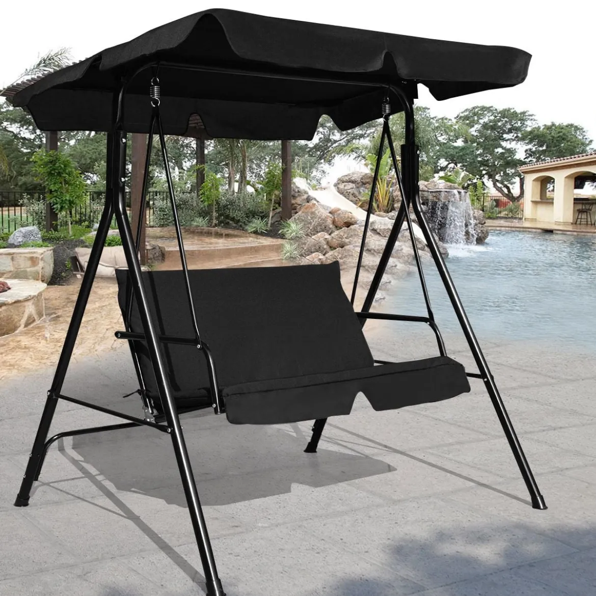 Hollywoodschaukel 2-Sitzer Gartenschaukel Gartenliege mit Sonnendach Schwarz 110 x 140 x 153 cm