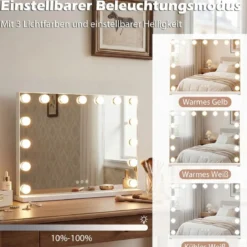 Hollywood Schminkspiegel mit 3 Lichtfarben & Einstellbarer Helligkeit & Touch-Steuerung 58 x 43 cm