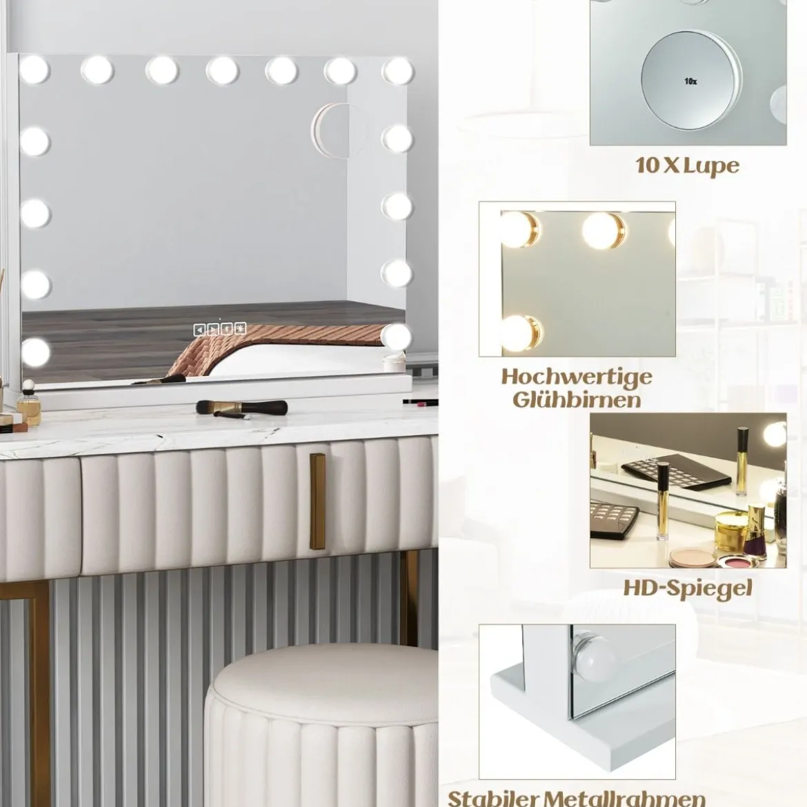 Hollywood Spiegel mit Beleuchtung USB-Ladeanschluss & Bluetooth-Lautsprecher Kosmetikspiegel für Schlafzimmer 58 x 46 cm Weiß