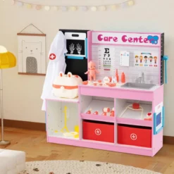 Holz Arztdienst-Spielset mit Untersuchungsbereich & EKG-Monitor & Röntgenfilm Medizinisches Zentrum Rosa
