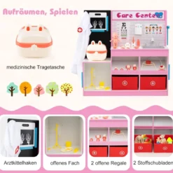 Holz Arztdienst-Spielset mit Untersuchungsbereich & EKG-Monitor & Röntgenfilm Medizinisches Zentrum Rosa