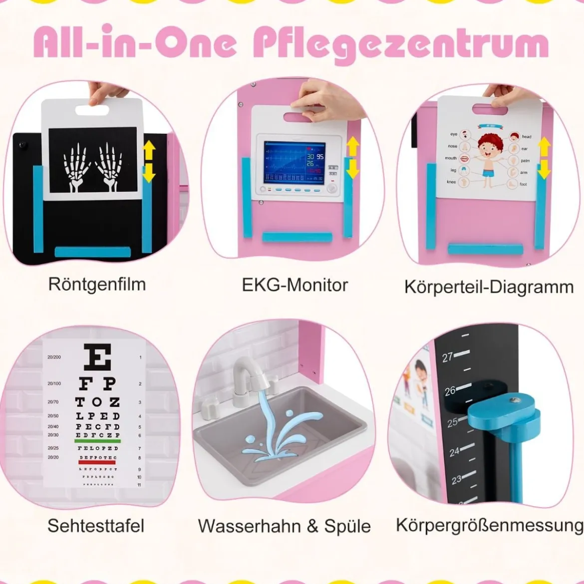Holz Arztdienst-Spielset mit Untersuchungsbereich & EKG-Monitor & Röntgenfilm Medizinisches Zentrum Rosa