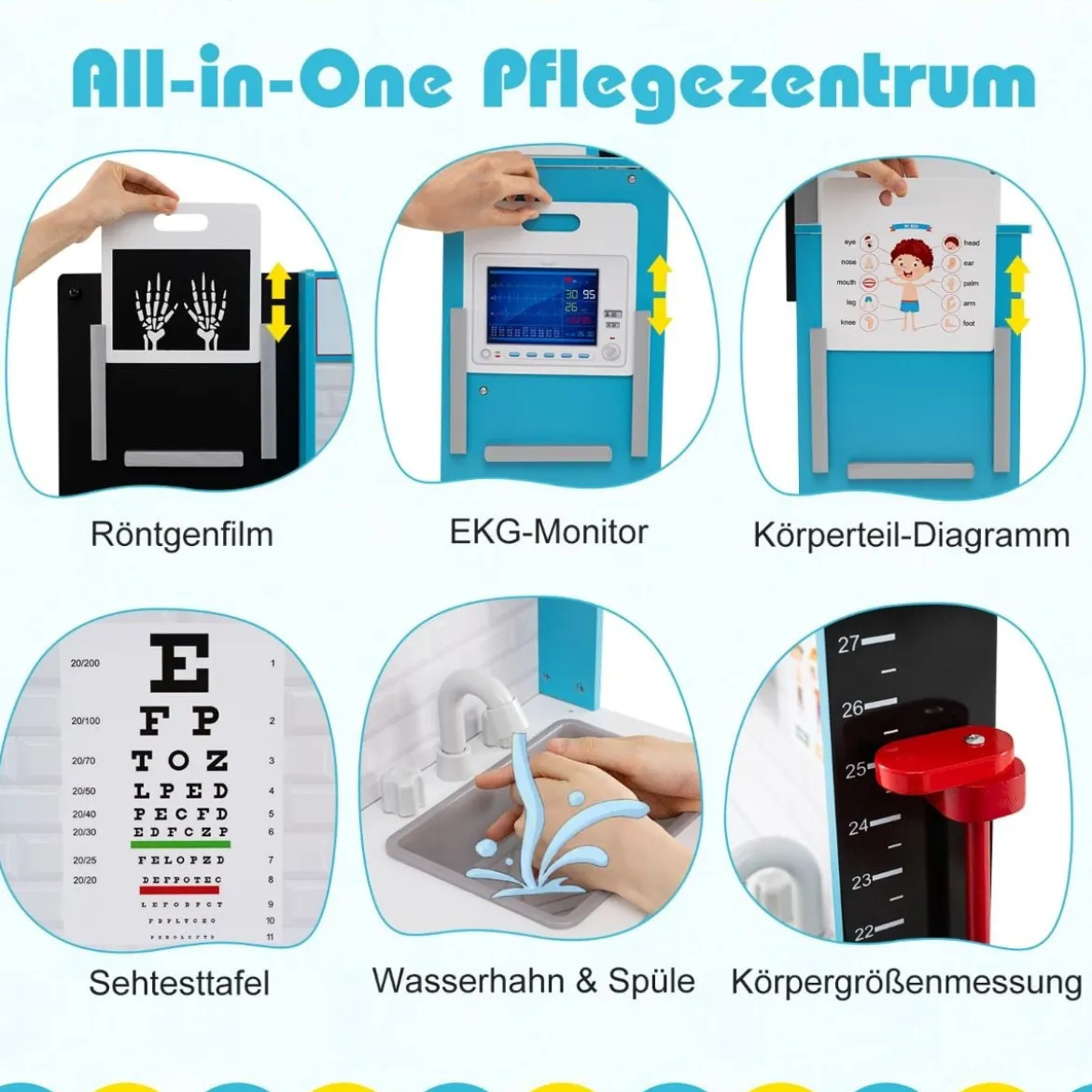 Holz Arztdienst-Spielset mit Untersuchungsbereich & EKG-Monitor & Röntgenfilm Medizinisches Zentrum Blau