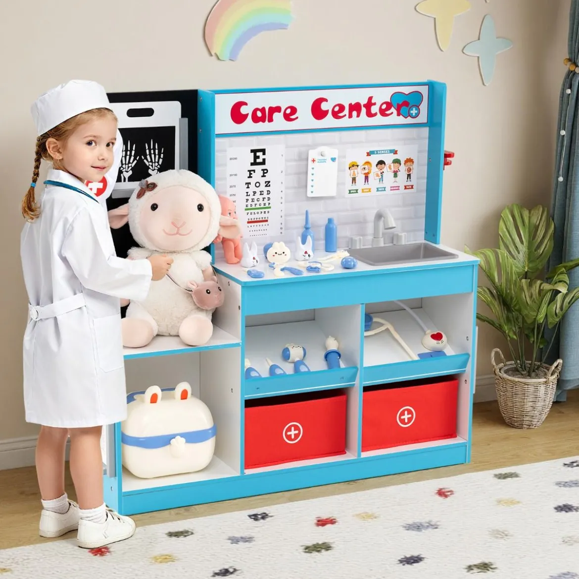 Holz Arztdienst-Spielset mit Untersuchungsbereich & EKG-Monitor & Röntgenfilm Medizinisches Zentrum Blau