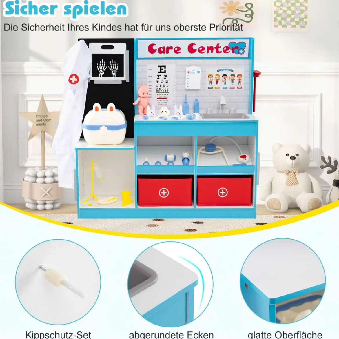 Holz Arztdienst-Spielset mit Untersuchungsbereich & EKG-Monitor & Röntgenfilm Medizinisches Zentrum Blau