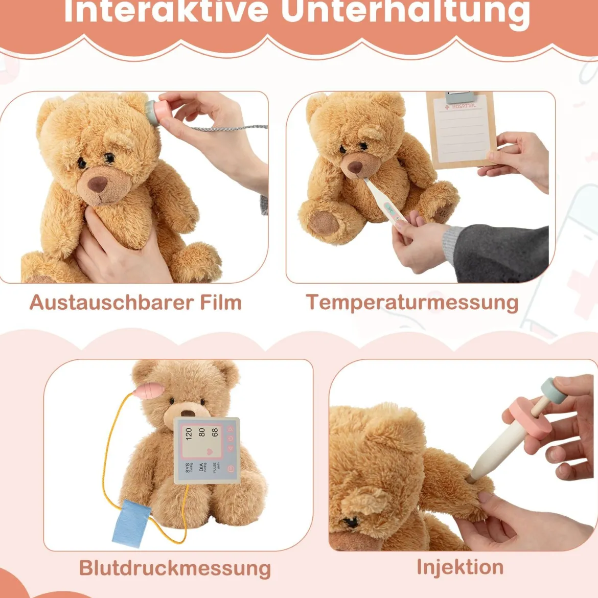 Holz Arztwagen zum Rollenspiel mit Wagen & CT-Maschine & Stethoskop Kinder Ärztespielset Rosa