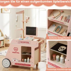 Holz Arztwagen zum Rollenspiel mit Wagen & CT-Maschine & Stethoskop Kinder Ärztespielset Rosa