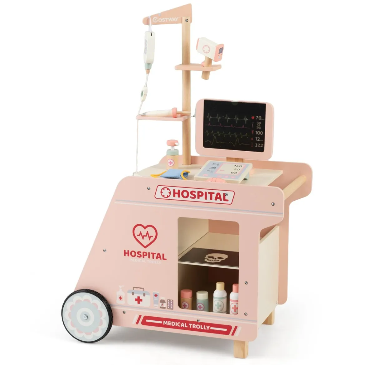 Holz Arztwagen zum Rollenspiel mit Wagen & CT-Maschine & Stethoskop Kinder Ärztespielset Rosa
