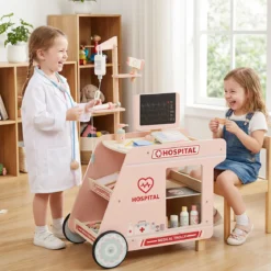 Holz Arztwagen zum Rollenspiel mit Wagen & CT-Maschine & Stethoskop Kinder Ärztespielset Rosa