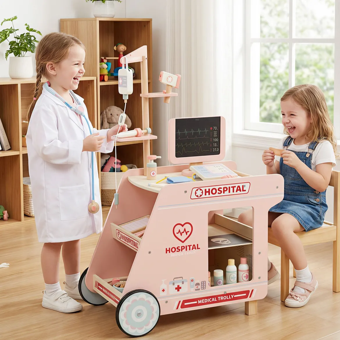 Holz Arztwagen zum Rollenspiel mit Wagen & CT-Maschine & Stethoskop Kinder Ärztespielset Rosa