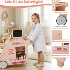 Holz Arztwagen zum Rollenspiel mit Wagen & CT-Maschine & Stethoskop Kinder Ärztespielset Rosa