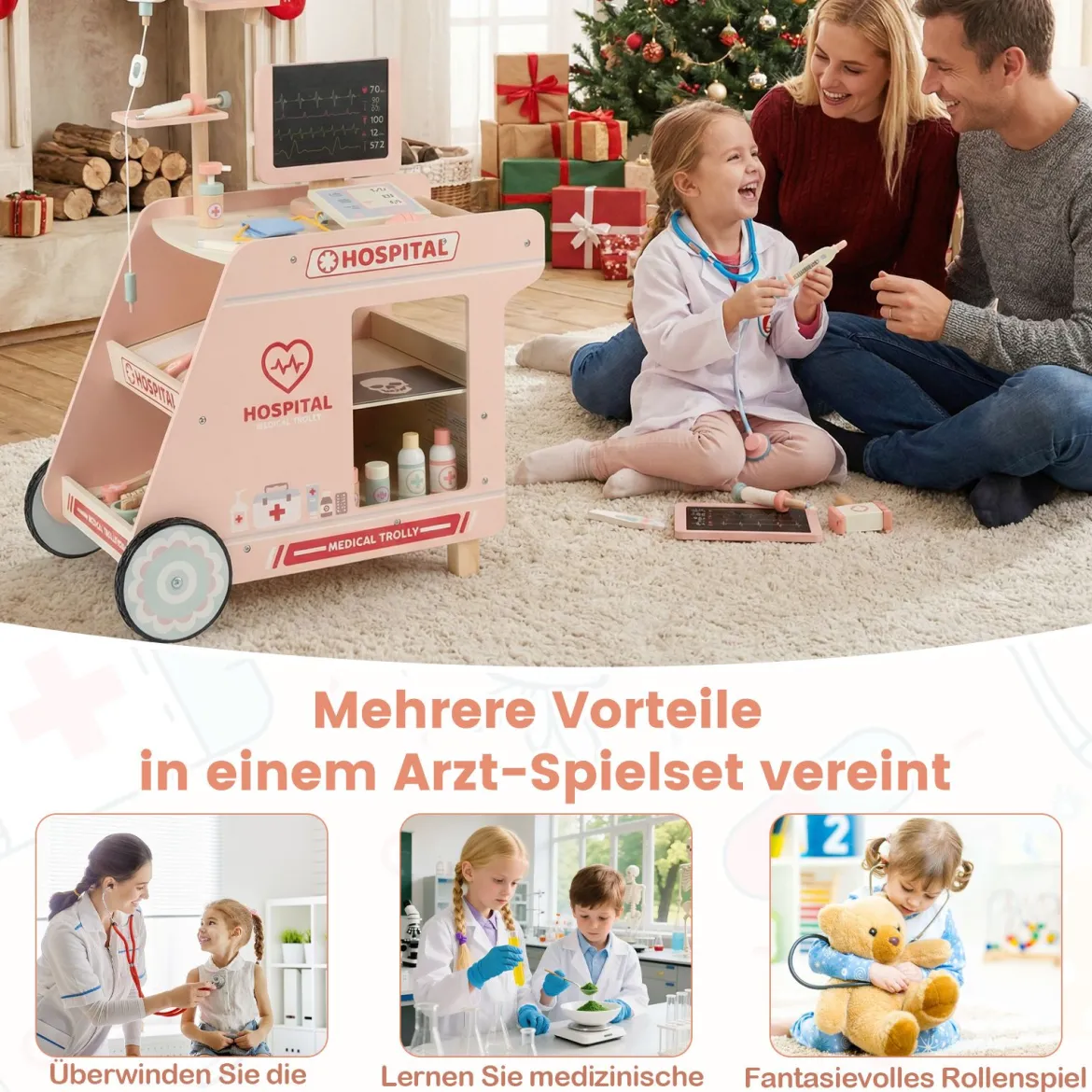 Holz Arztwagen zum Rollenspiel mit Wagen & CT-Maschine & Stethoskop Kinder Ärztespielset Rosa